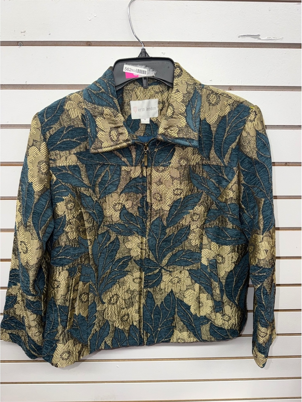 Erin London Floral Tapestry Jacket Size M Teal Gold Zip Front